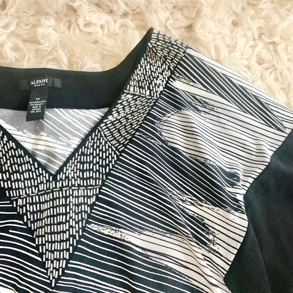 Alfani | Black White Silver Dress Blouse 1X V Neckline Shimmer - Picture 6 of 11